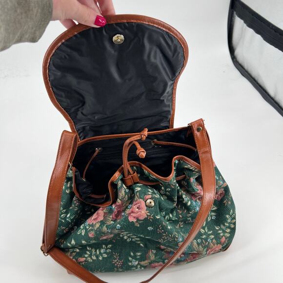 VINTAGE 90’s Avon tapestry shoulder bag green floral pattern brown trim boho y2k - Picture 4 of 8